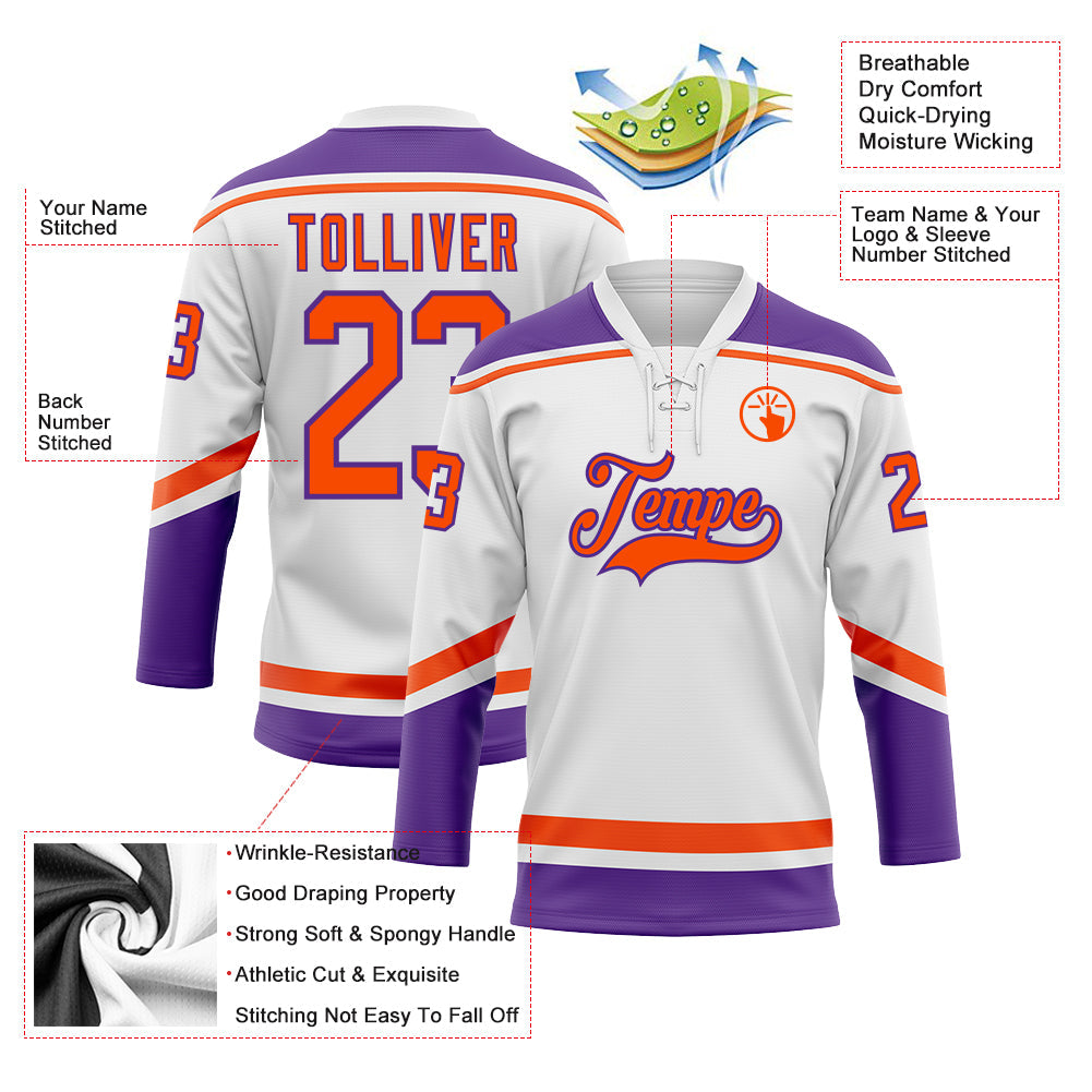 Custom White Orange-Purple Hockey Lace Neck Jersey view 3