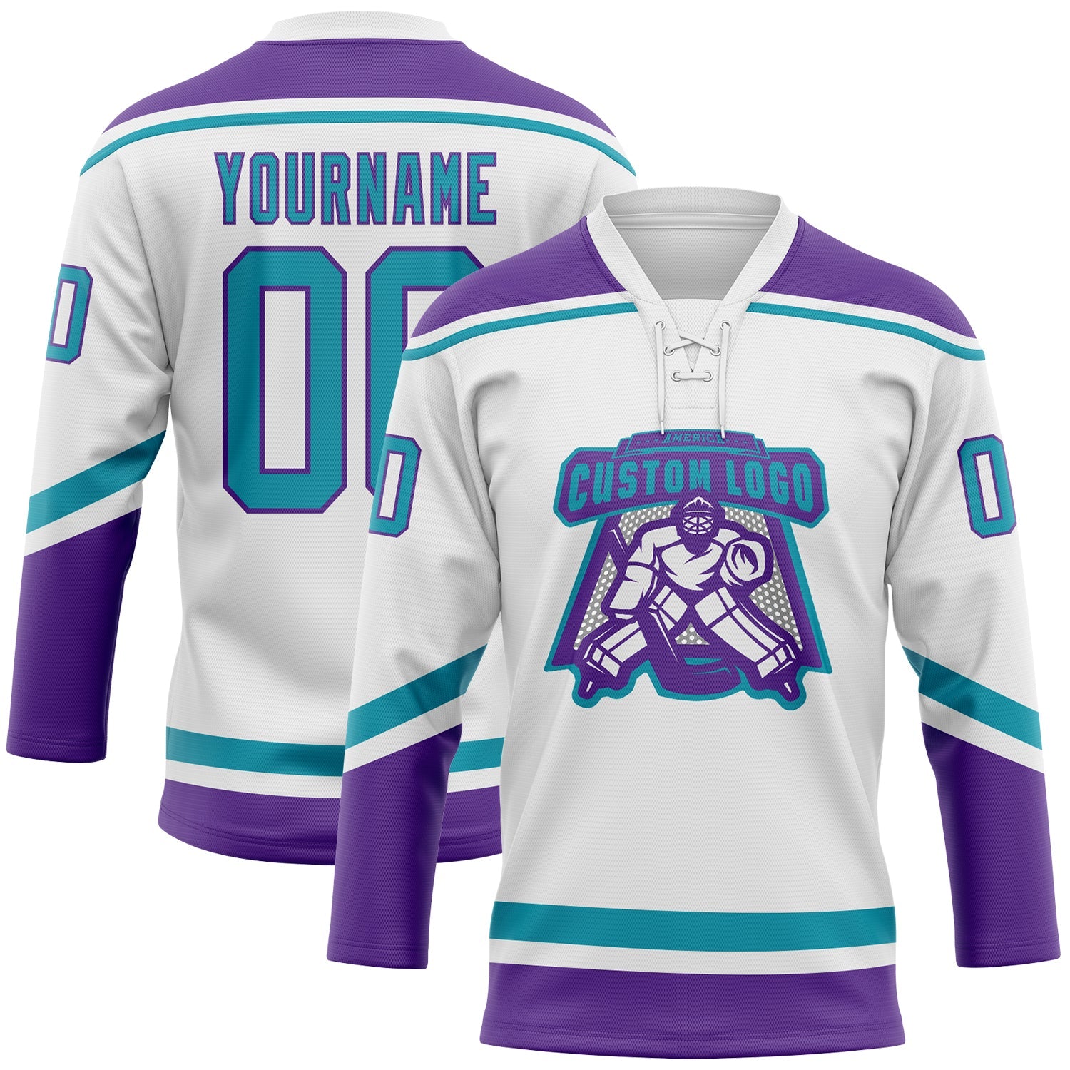Custom White Teal-Purple Hockey Lace Neck Jersey view 2