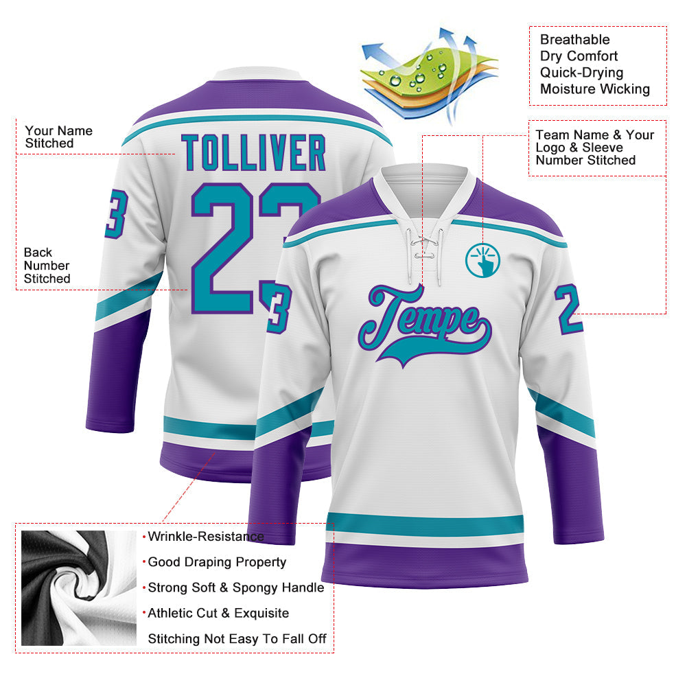Custom White Teal-Purple Hockey Lace Neck Jersey view 3