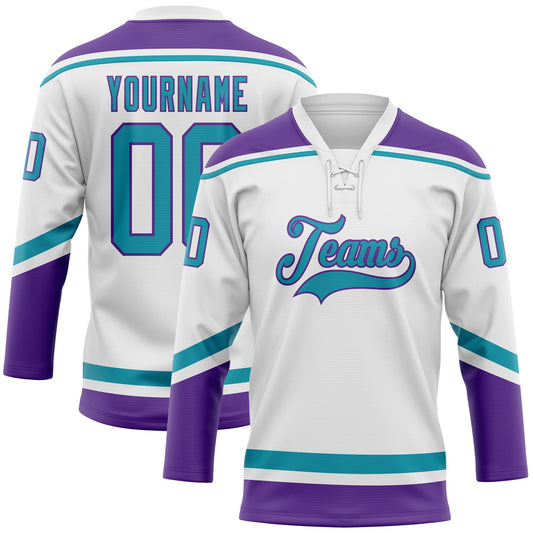 Custom White Teal-Purple Hockey Lace Neck Jersey - Main View
