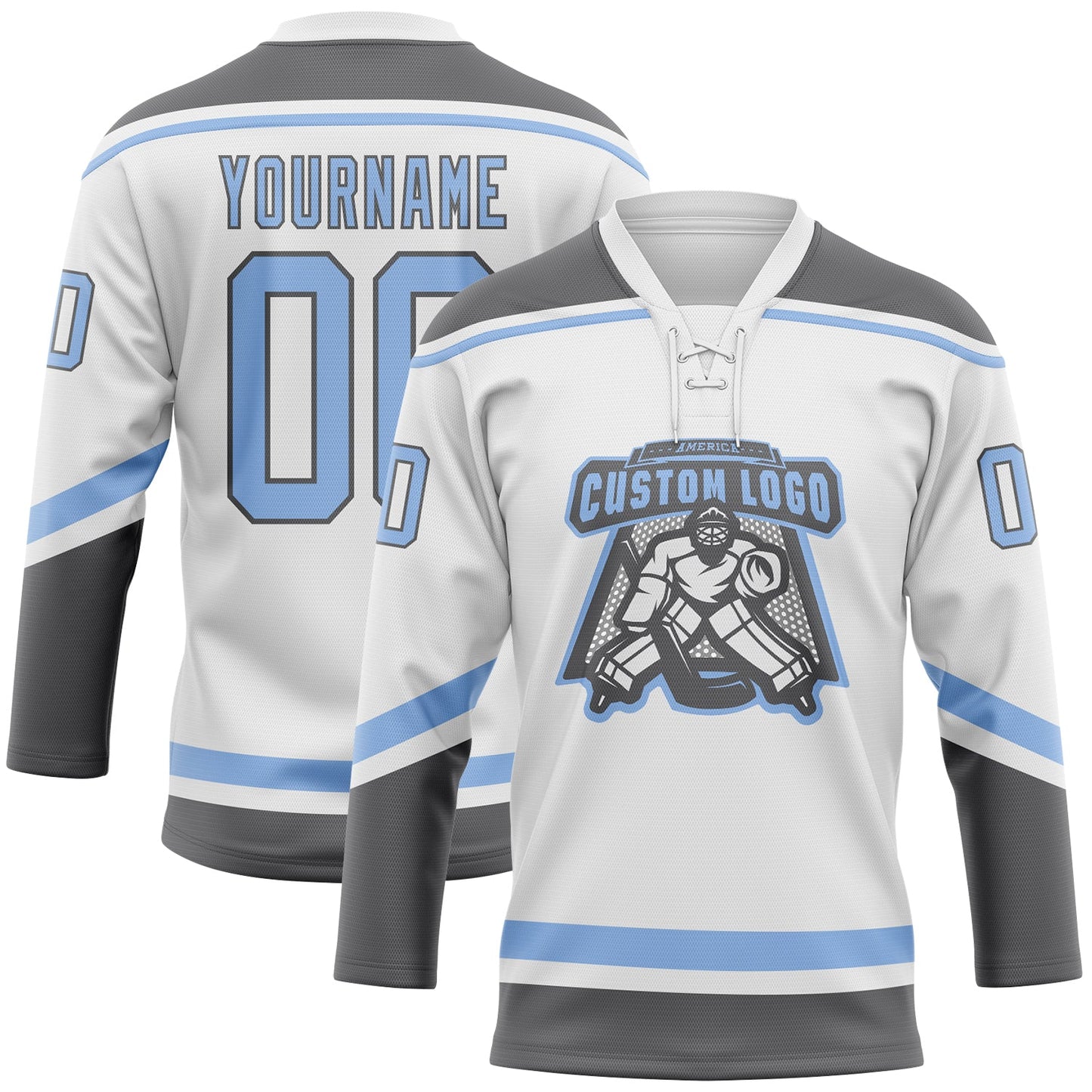 Custom White Light Blue-Steel Gray Hockey Lace Neck Jersey view 2