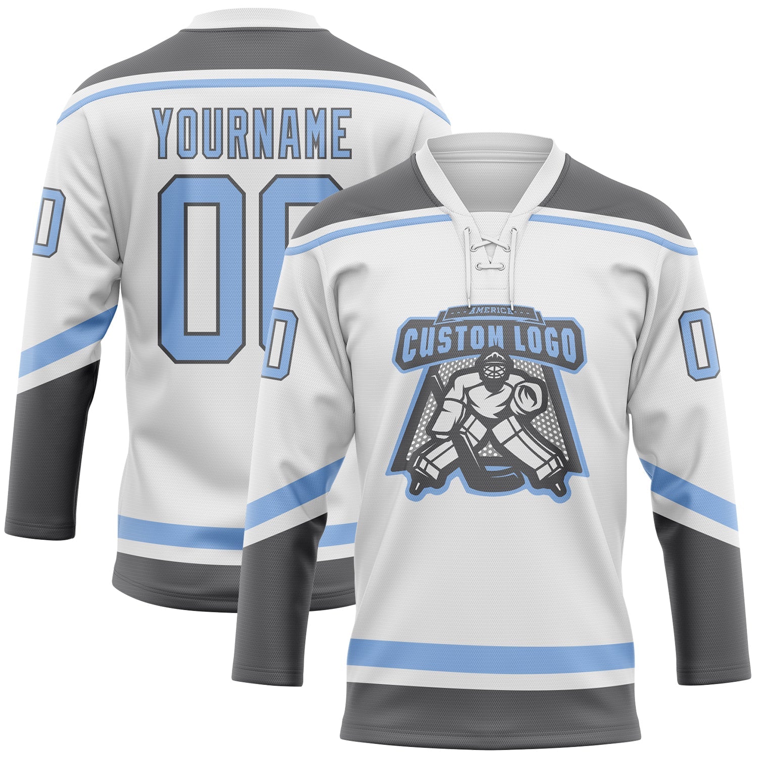 Custom White Light Blue-Steel Gray Hockey Lace Neck Jersey view 2
