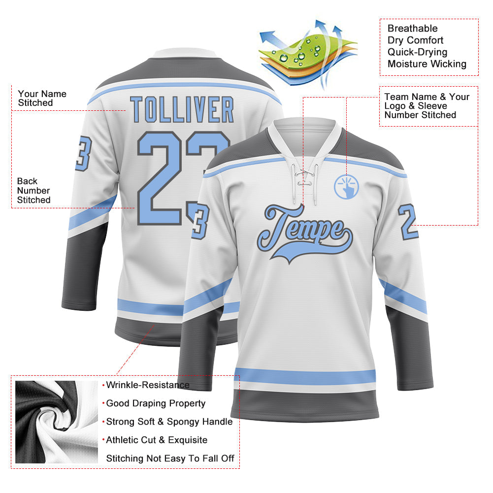 Custom White Light Blue-Steel Gray Hockey Lace Neck Jersey view 3