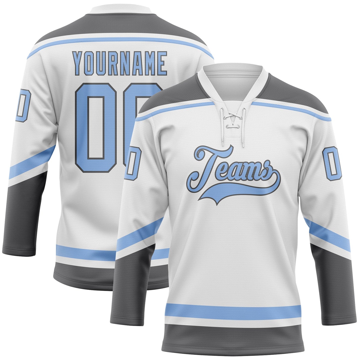 Custom White Light Blue-Steel Gray Hockey Lace Neck Jersey - Main View