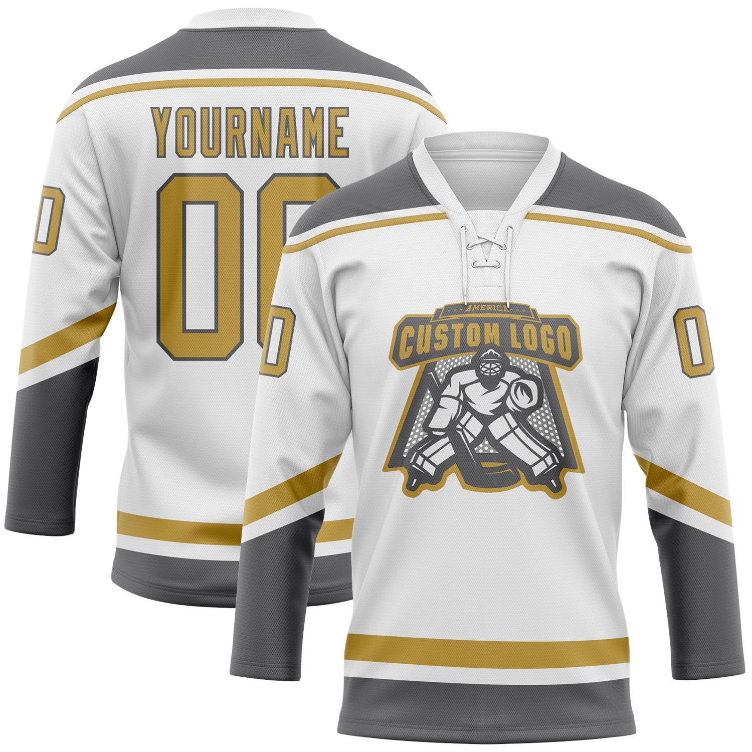Custom White Old Gold-Steel Gray Hockey Lace Neck Jersey view 2