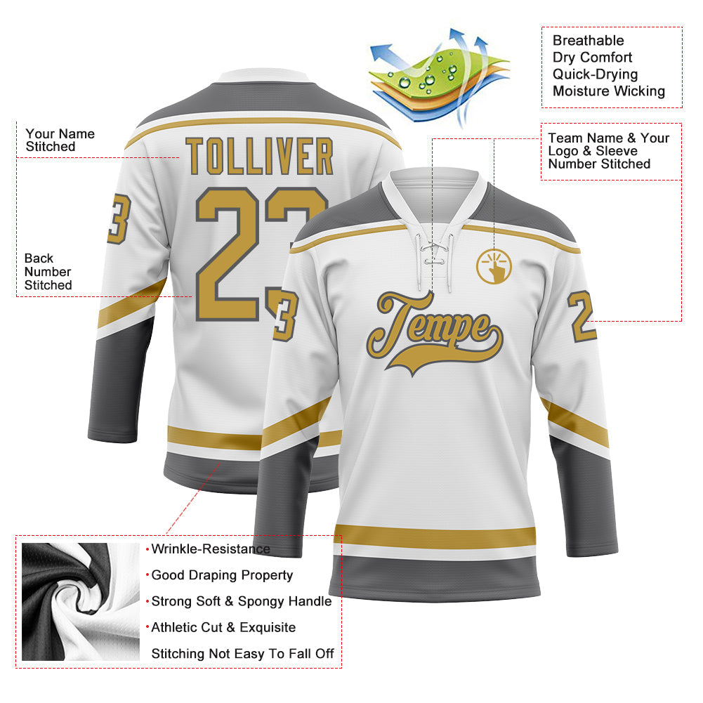 Custom White Old Gold-Steel Gray Hockey Lace Neck Jersey view 3