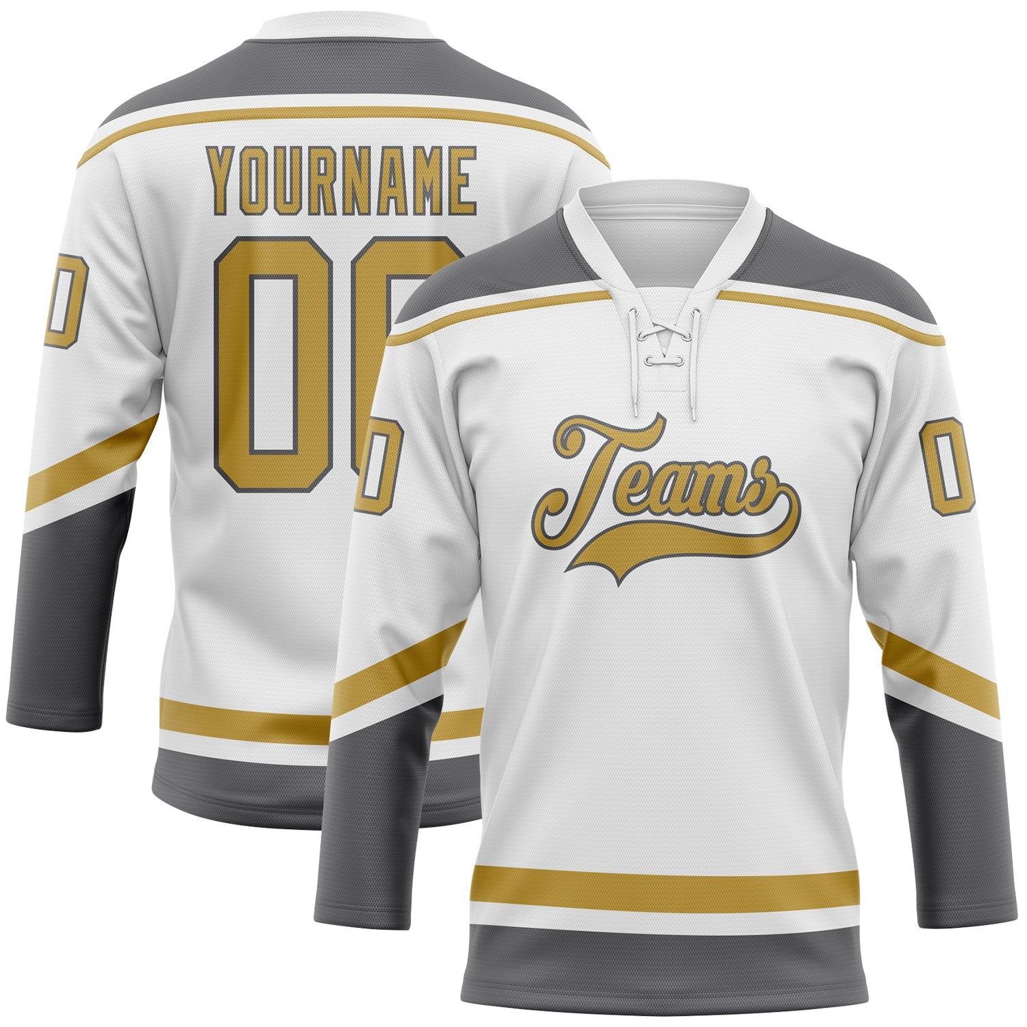 Custom White Old Gold-Steel Gray Hockey Lace Neck Jersey - Main View