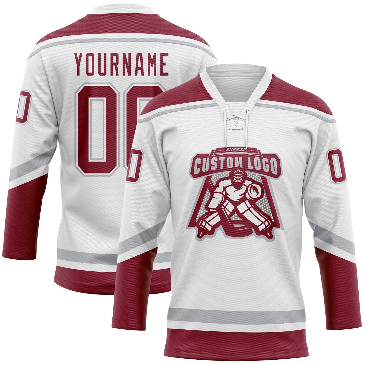 Custom White Crimson-Gray Hockey Lace Neck Jersey view 2