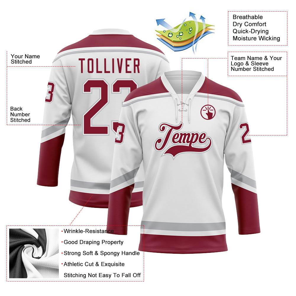 Custom White Crimson-Gray Hockey Lace Neck Jersey view 3