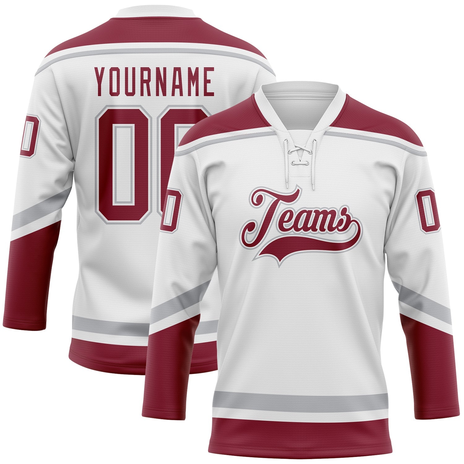 Custom White Crimson-Gray Hockey Lace Neck Jersey - Main View