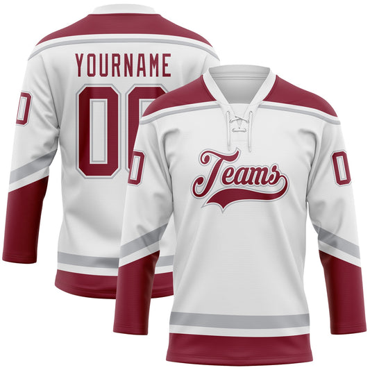 Custom White Crimson-Gray Hockey Lace Neck Jersey - Main View