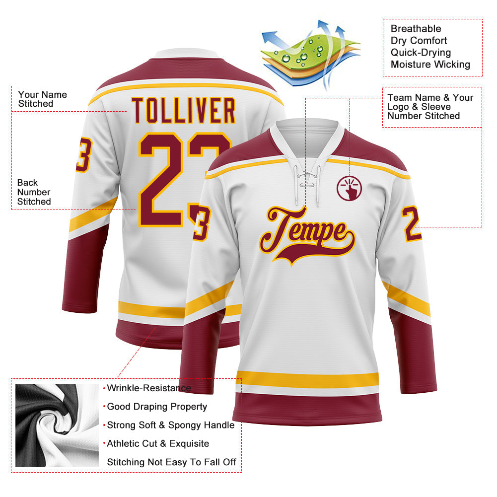 Custom White Crimson-Gold Hockey Lace Neck Jersey view 3