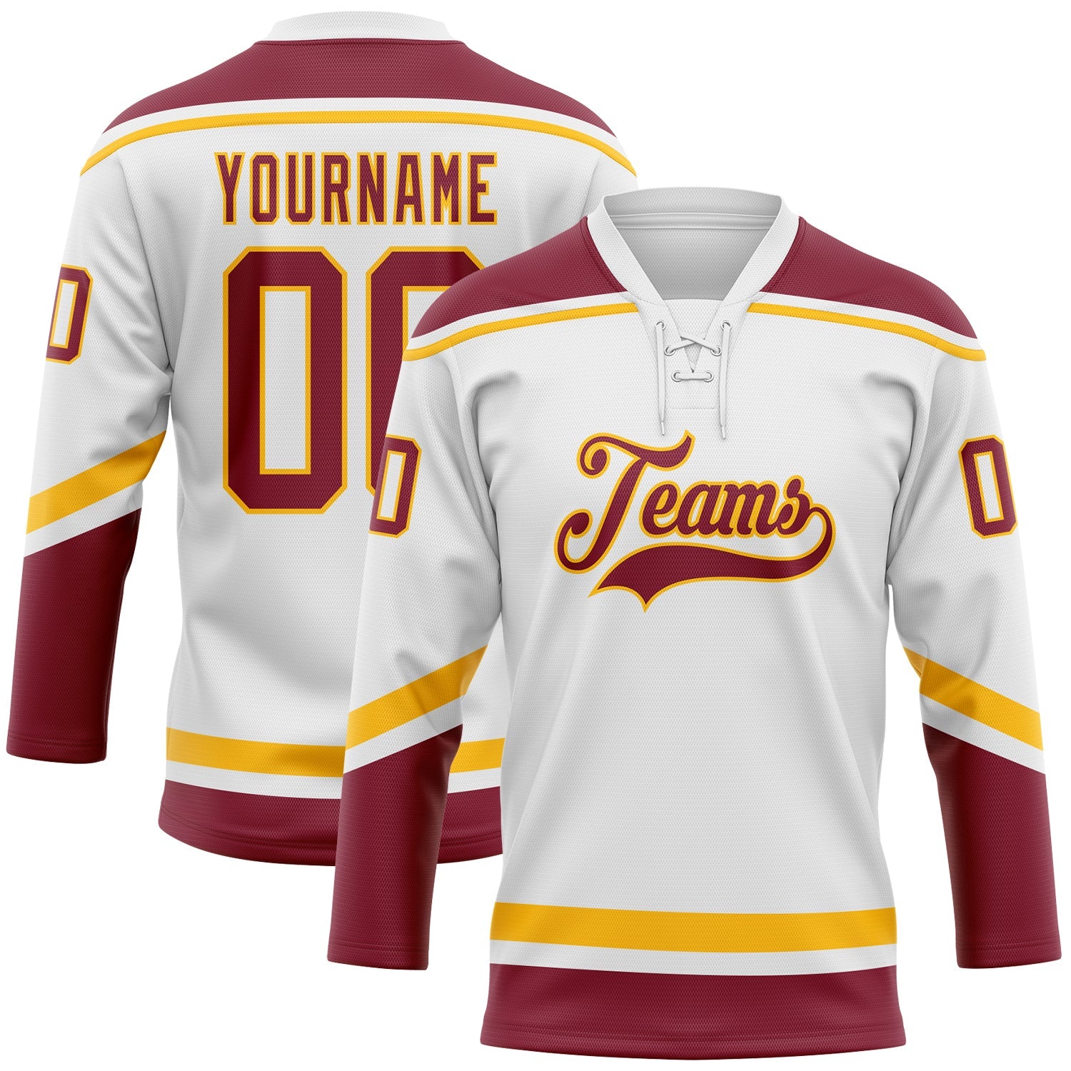 Custom White Crimson-Gold Hockey Lace Neck Jersey - Main View