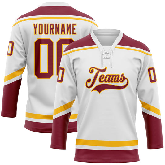 Custom White Crimson-Gold Hockey Lace Neck Jersey - Main View