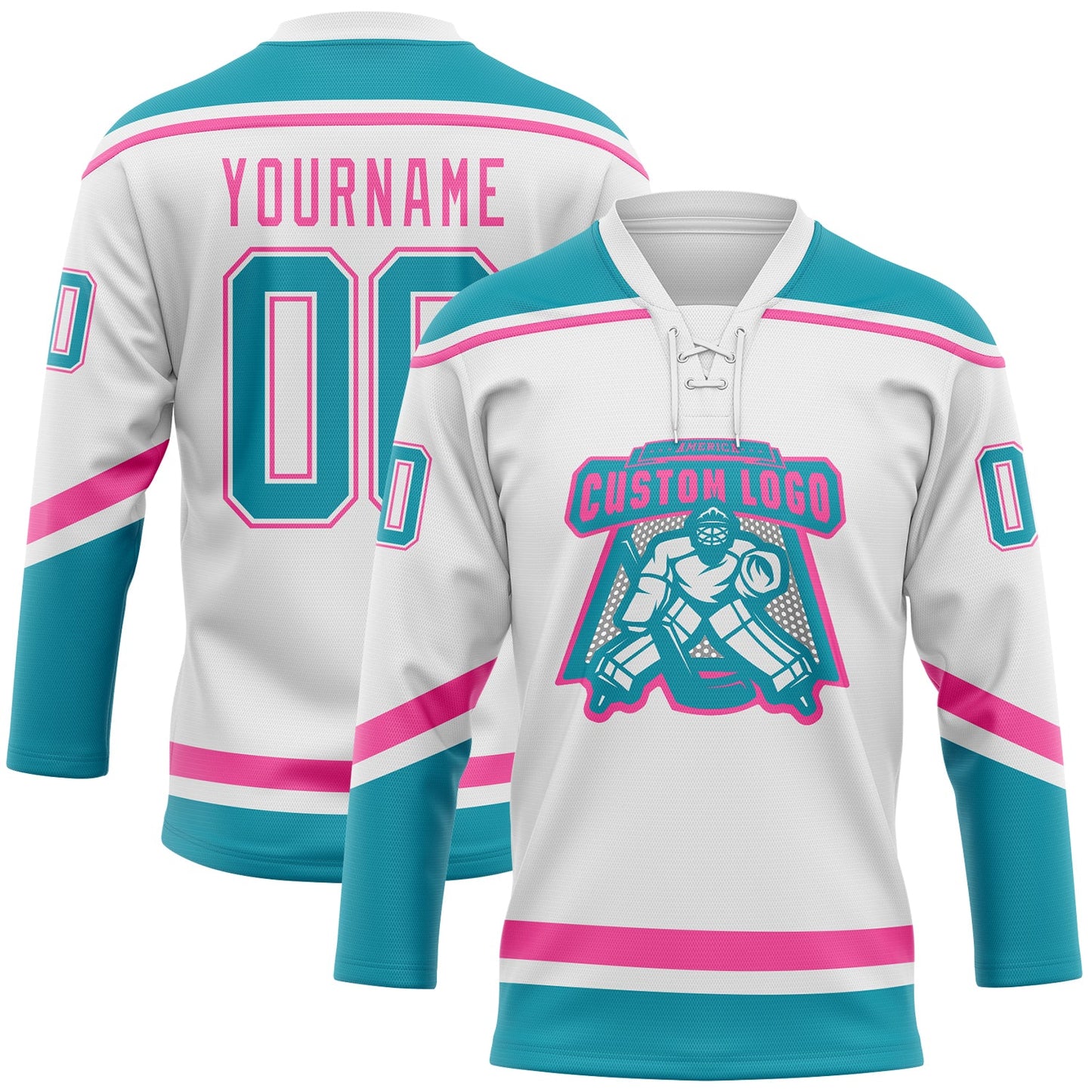 Custom White Teal-Pink Hockey Lace Neck Jersey view 2