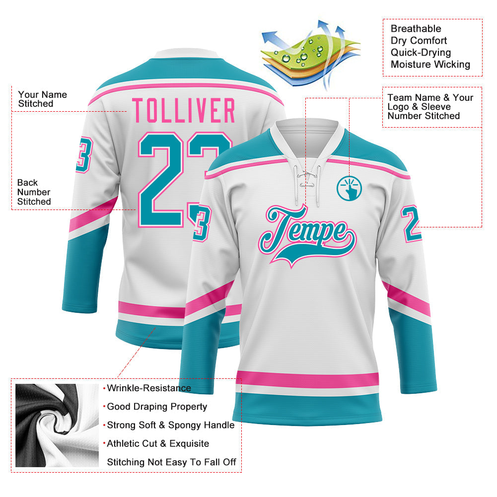 Custom White Teal-Pink Hockey Lace Neck Jersey view 3