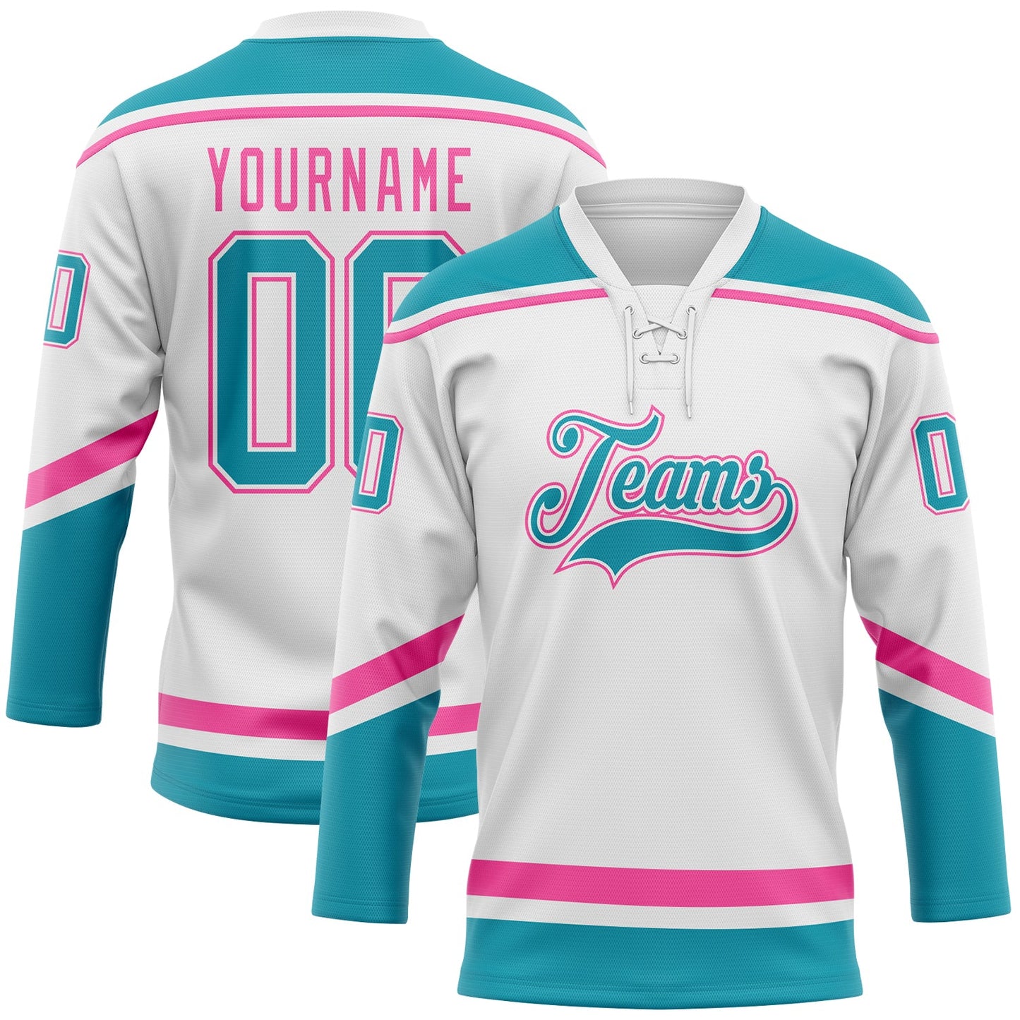 Custom White Teal-Pink Hockey Lace Neck Jersey - Main View