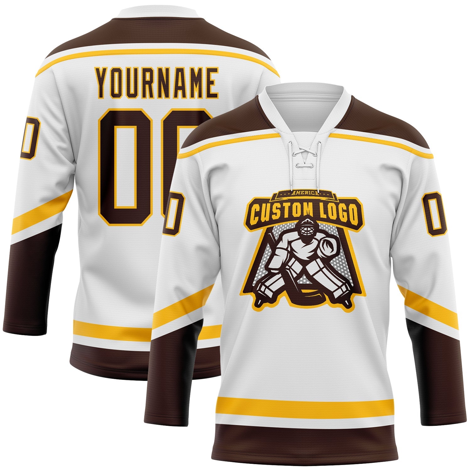 Custom White Brown-Gold Hockey Lace Neck Jersey view 2
