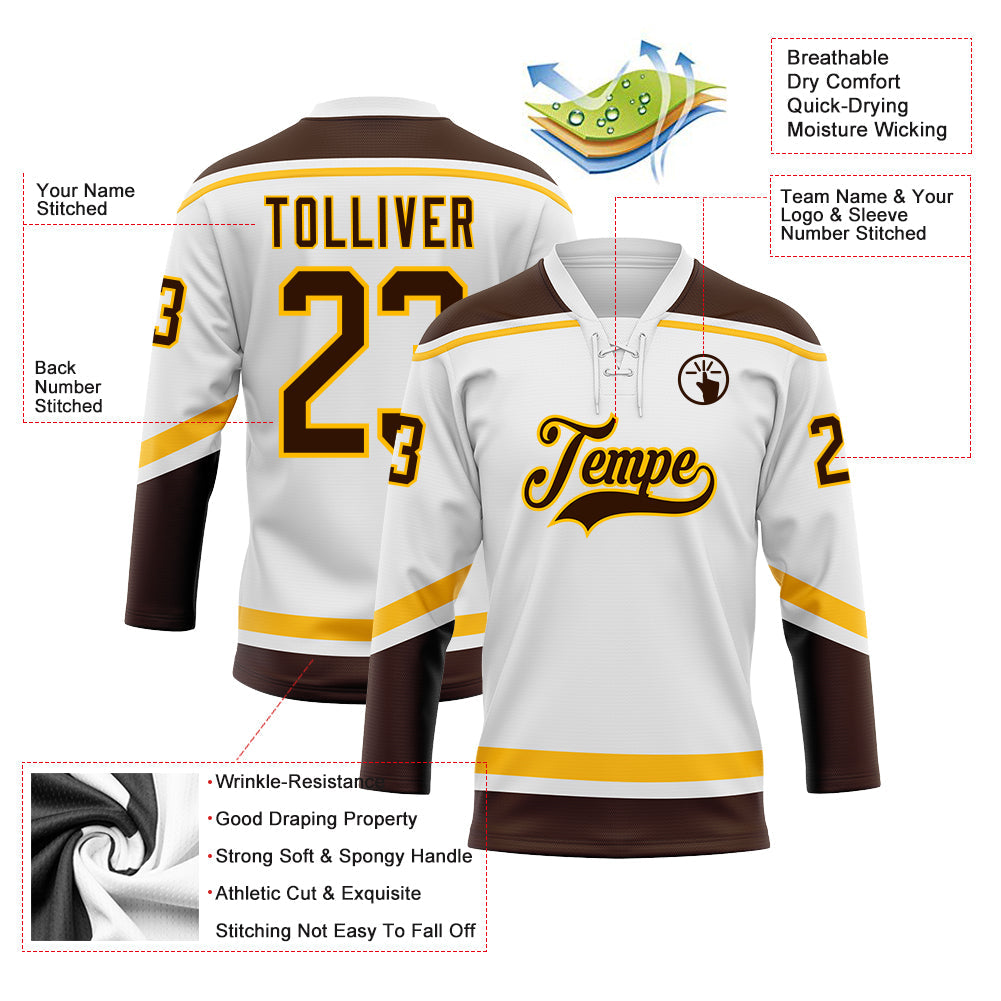 Custom White Brown-Gold Hockey Lace Neck Jersey view 3