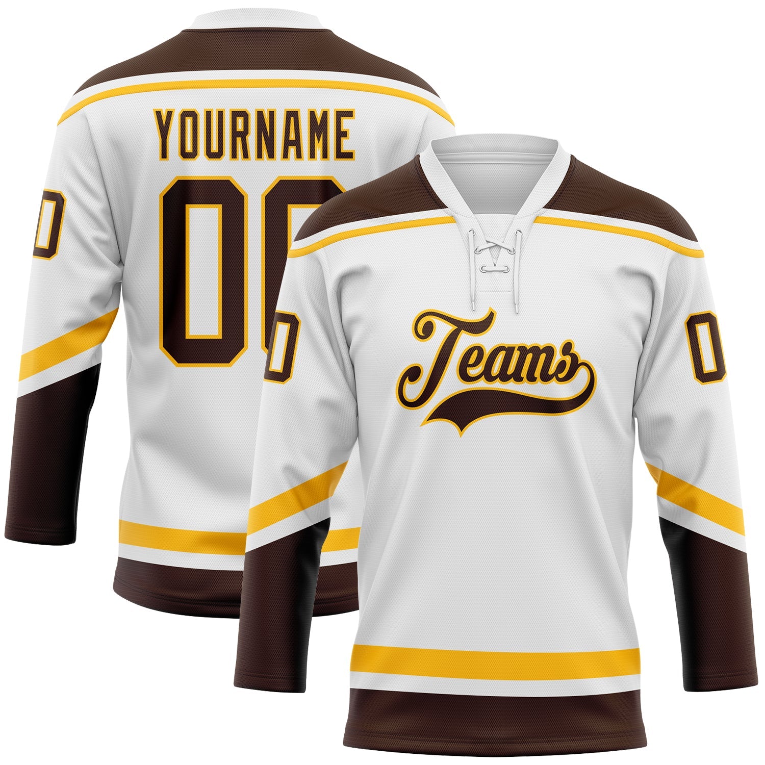 Custom White Brown-Gold Hockey Lace Neck Jersey - Main View