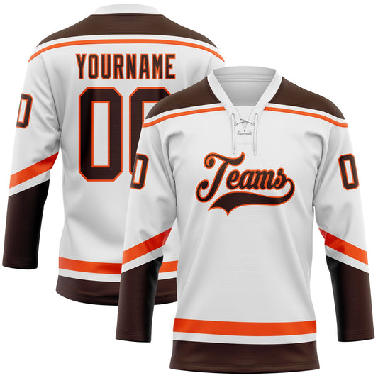 Custom White Brown-Orange Hockey Lace Neck Jersey - Main View