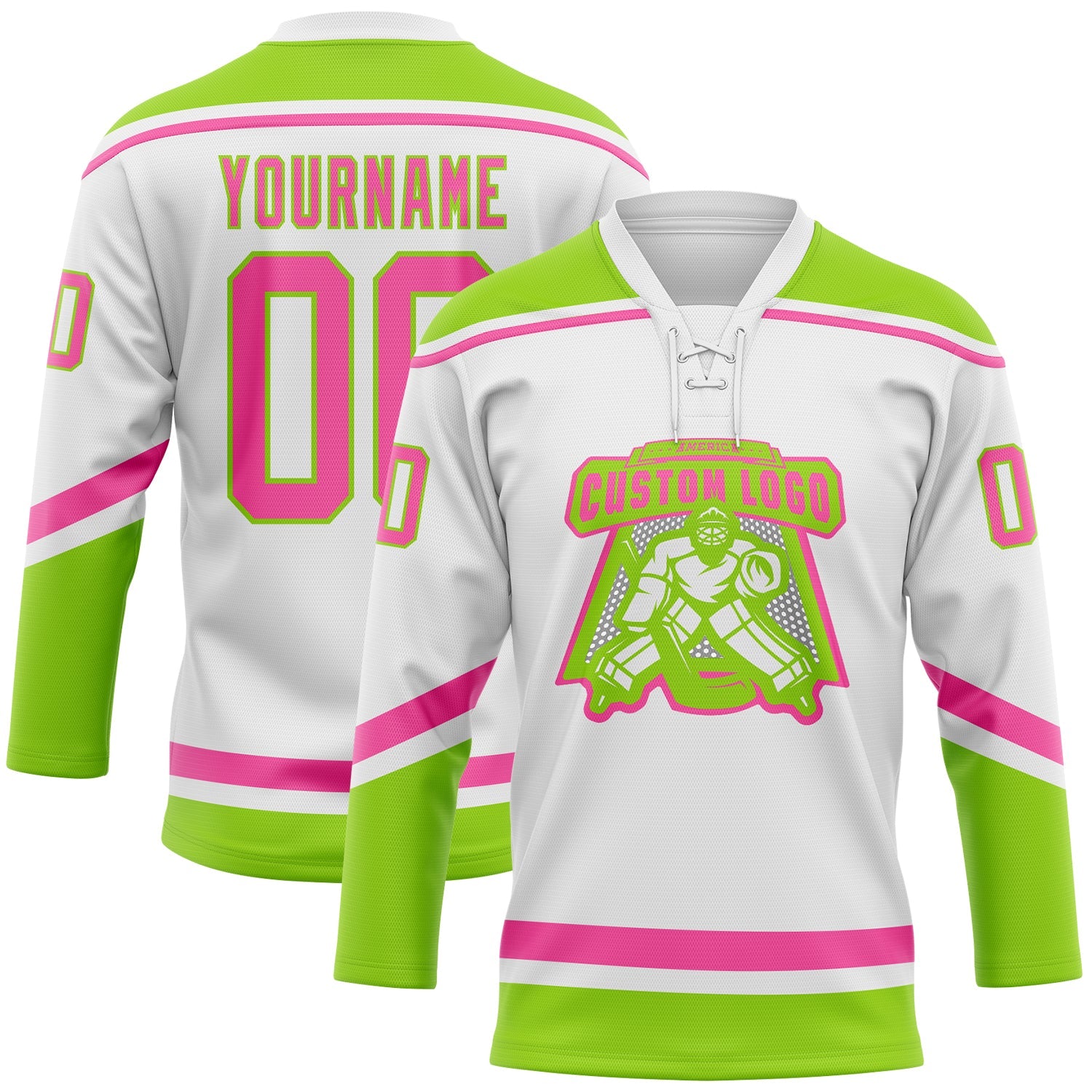 Custom White Pink-Neon Green Hockey Lace Neck Jersey view 2