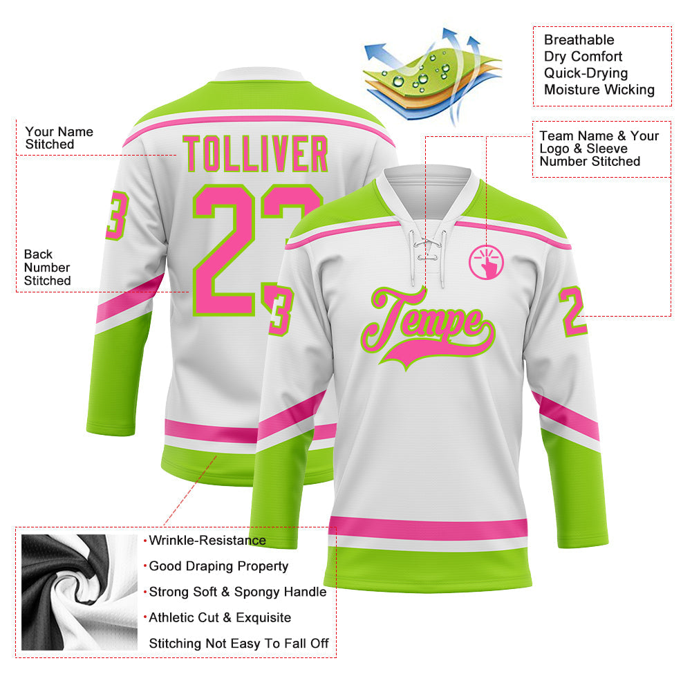 Custom White Pink-Neon Green Hockey Lace Neck Jersey view 3
