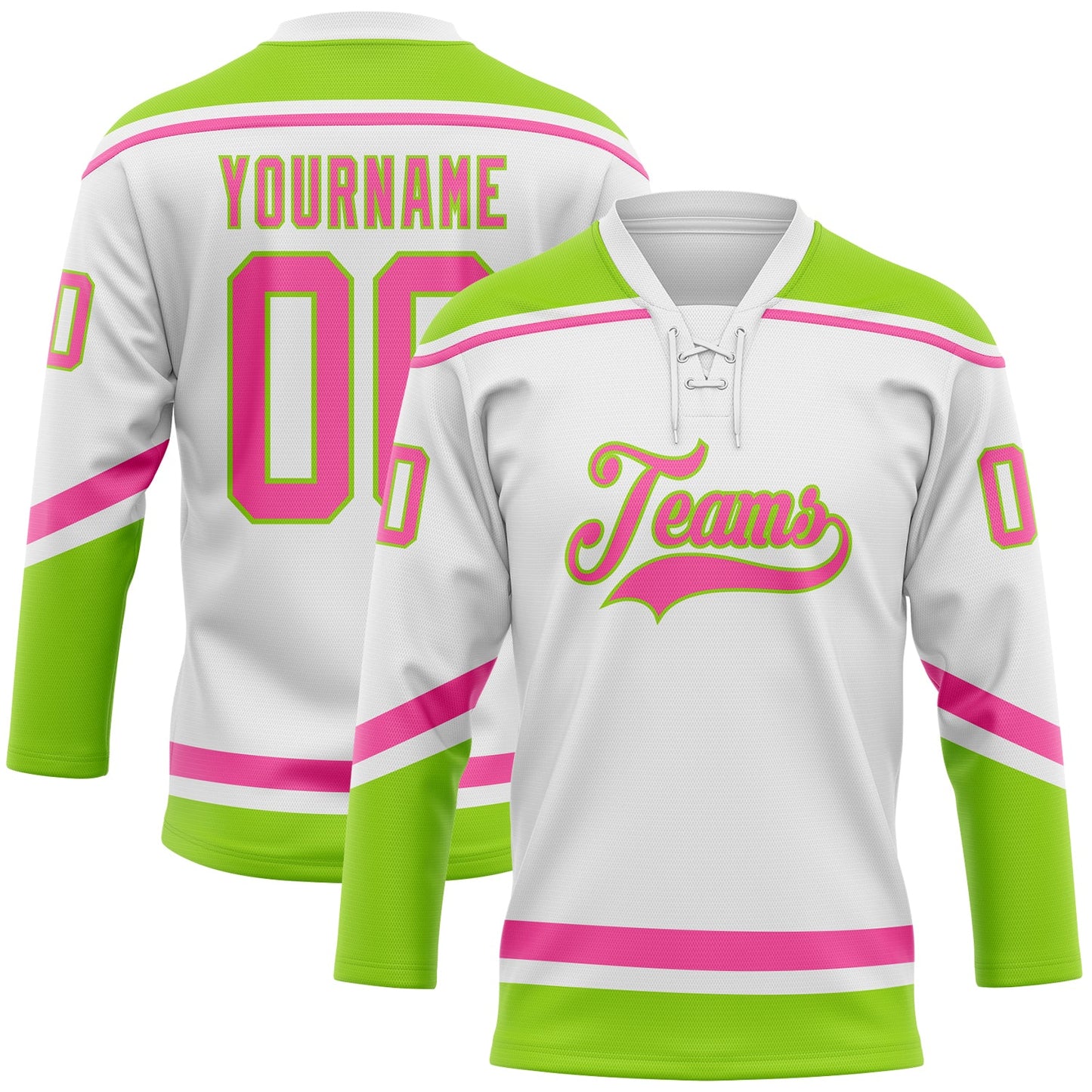 Custom White Pink-Neon Green Hockey Lace Neck Jersey - Main View