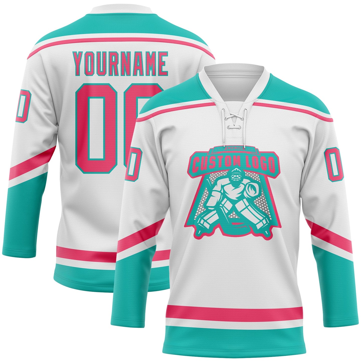 Custom White Neon Pink-Aqua Hockey Lace Neck Jersey view 2