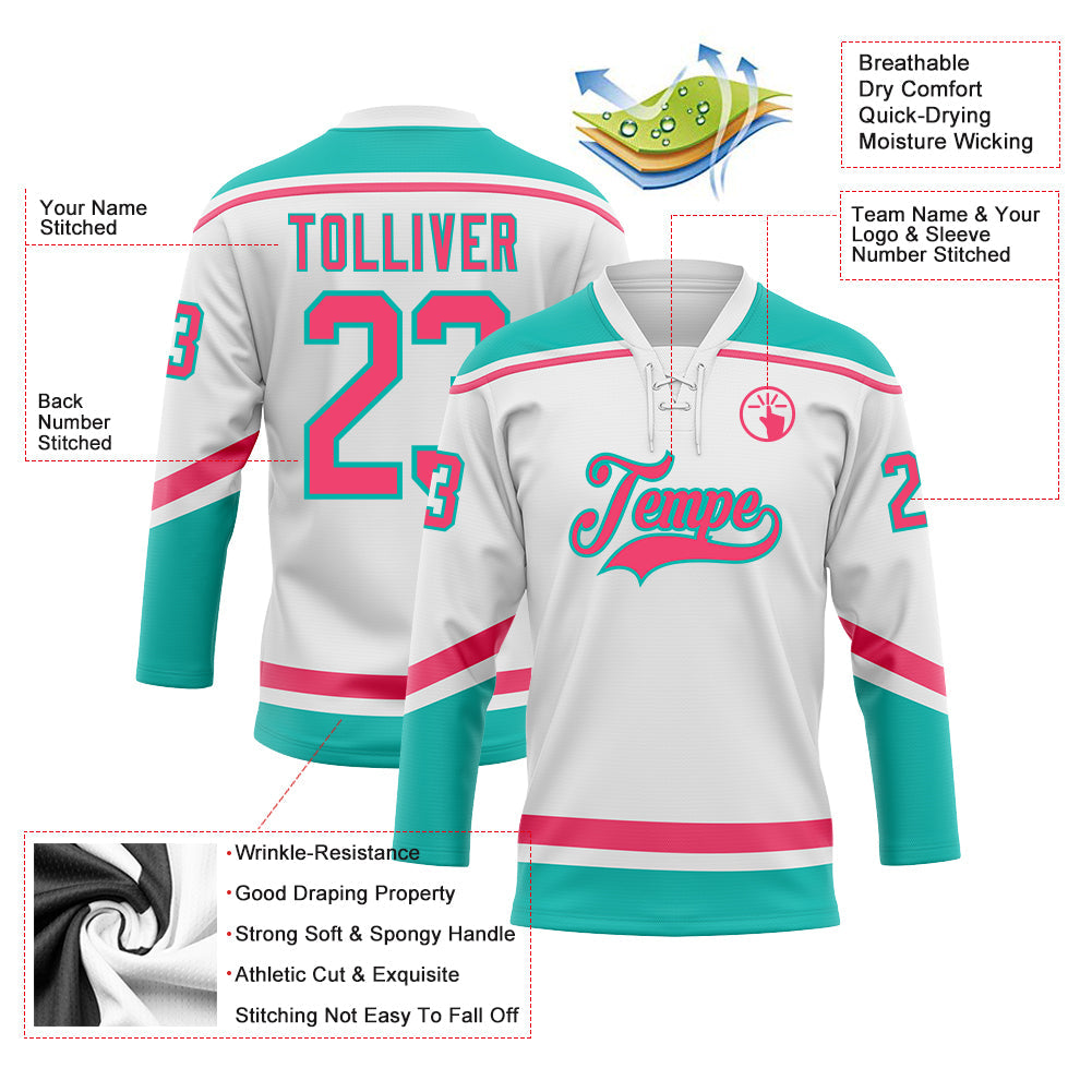 Custom White Neon Pink-Aqua Hockey Lace Neck Jersey view 3
