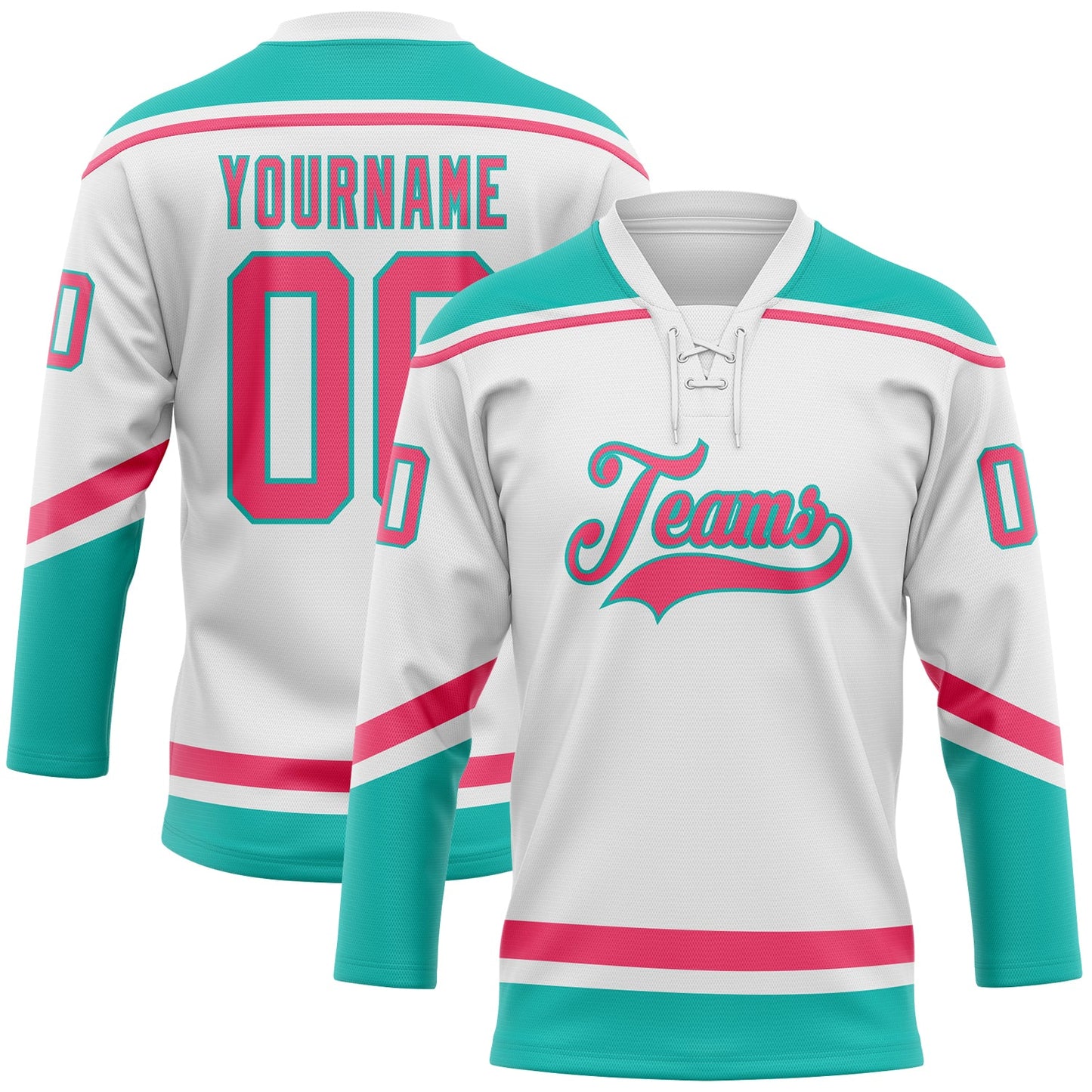 Custom White Neon Pink-Aqua Hockey Lace Neck Jersey - Main View