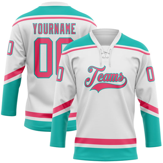 Custom White Neon Pink-Aqua Hockey Lace Neck Jersey - Main View