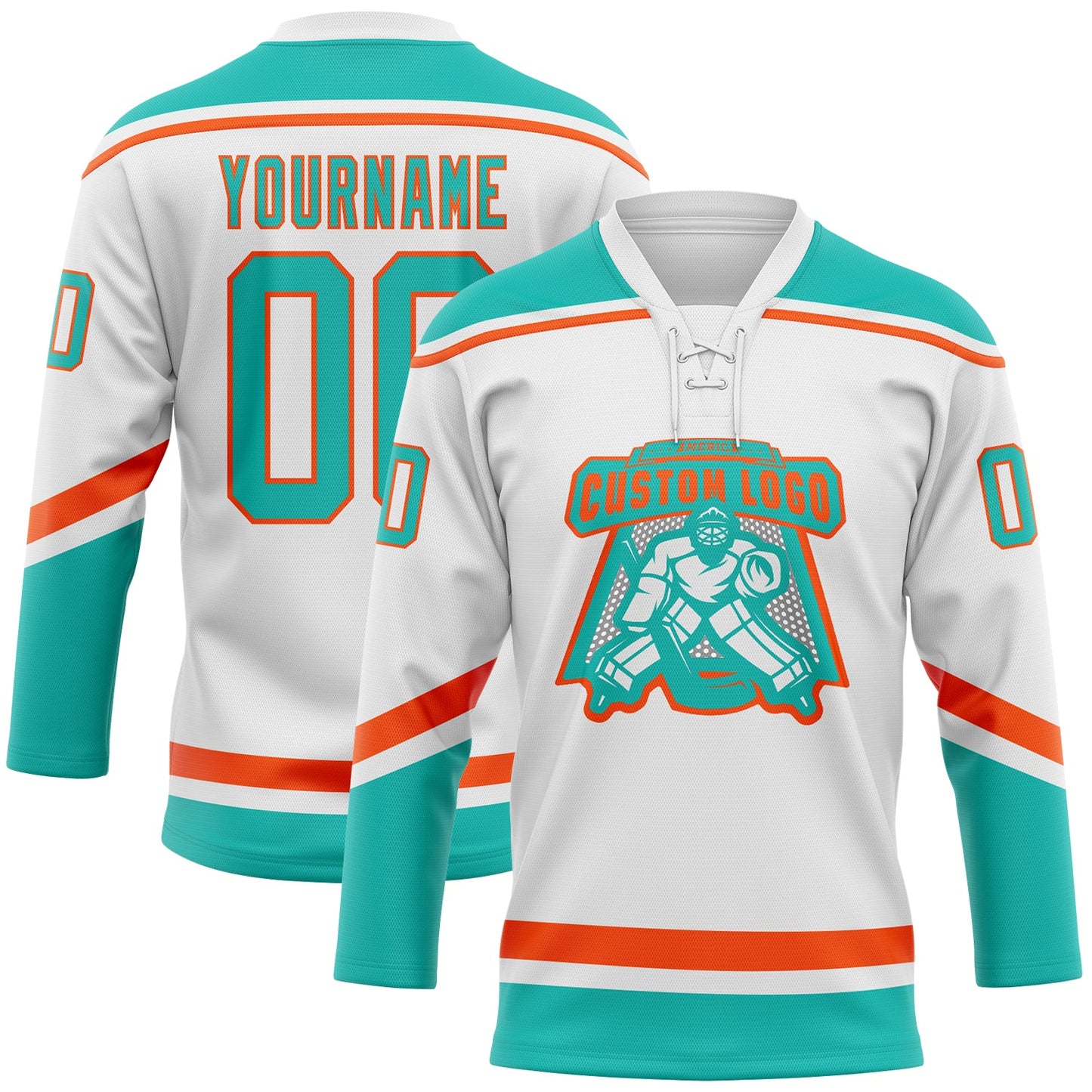 Custom White Aqua-Orange Hockey Lace Neck Jersey view 2