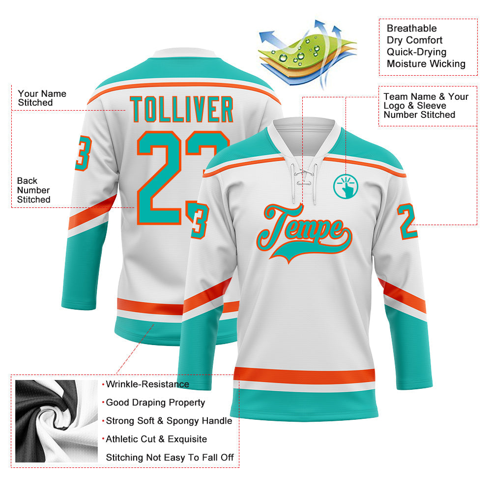 Custom White Aqua-Orange Hockey Lace Neck Jersey view 3