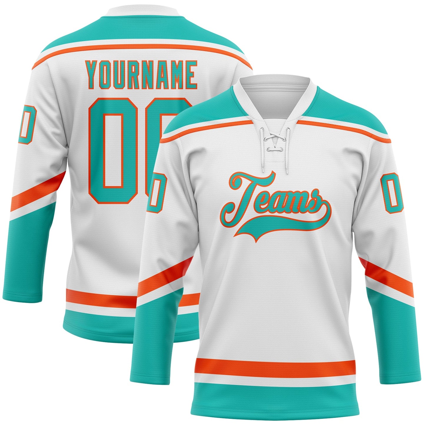 Custom White Aqua-Orange Hockey Lace Neck Jersey - Main View