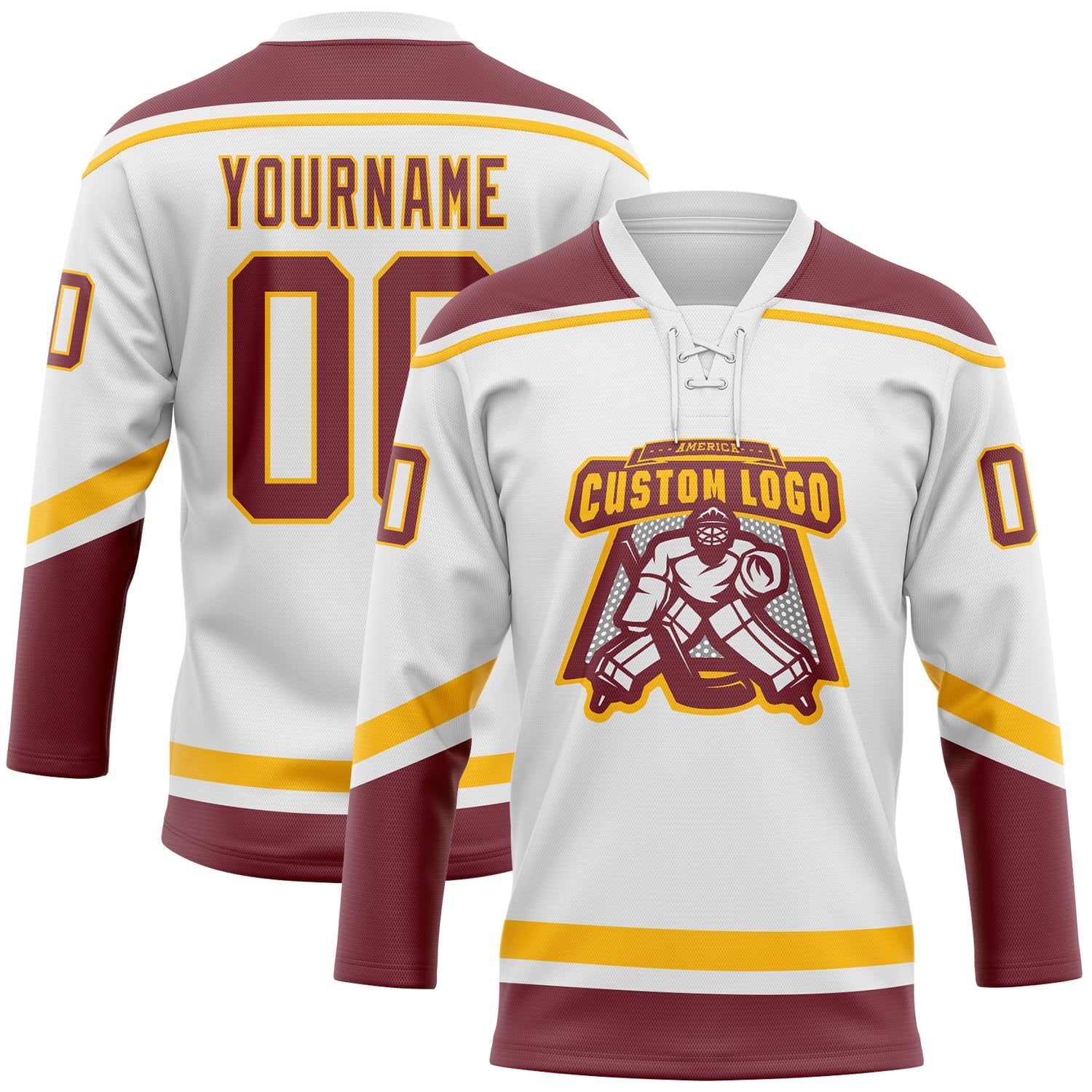 Custom White Burgundy-Gold Hockey Lace Neck Jersey view 2