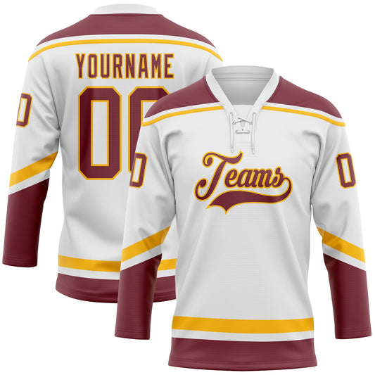Custom White Burgundy-Gold Hockey Lace Neck Jersey - Main View