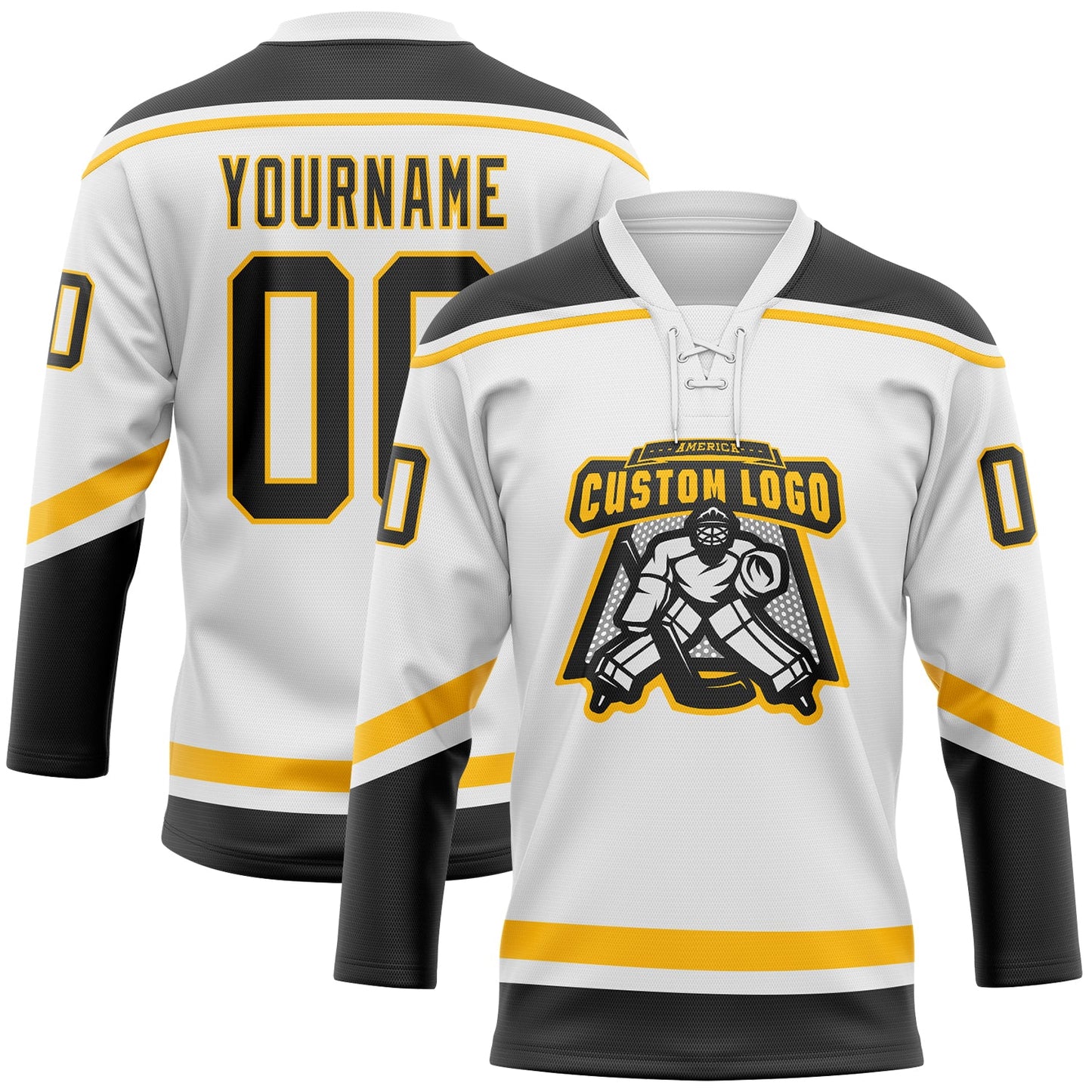 Custom White Black-Gold Hockey Lace Neck Jersey view 2