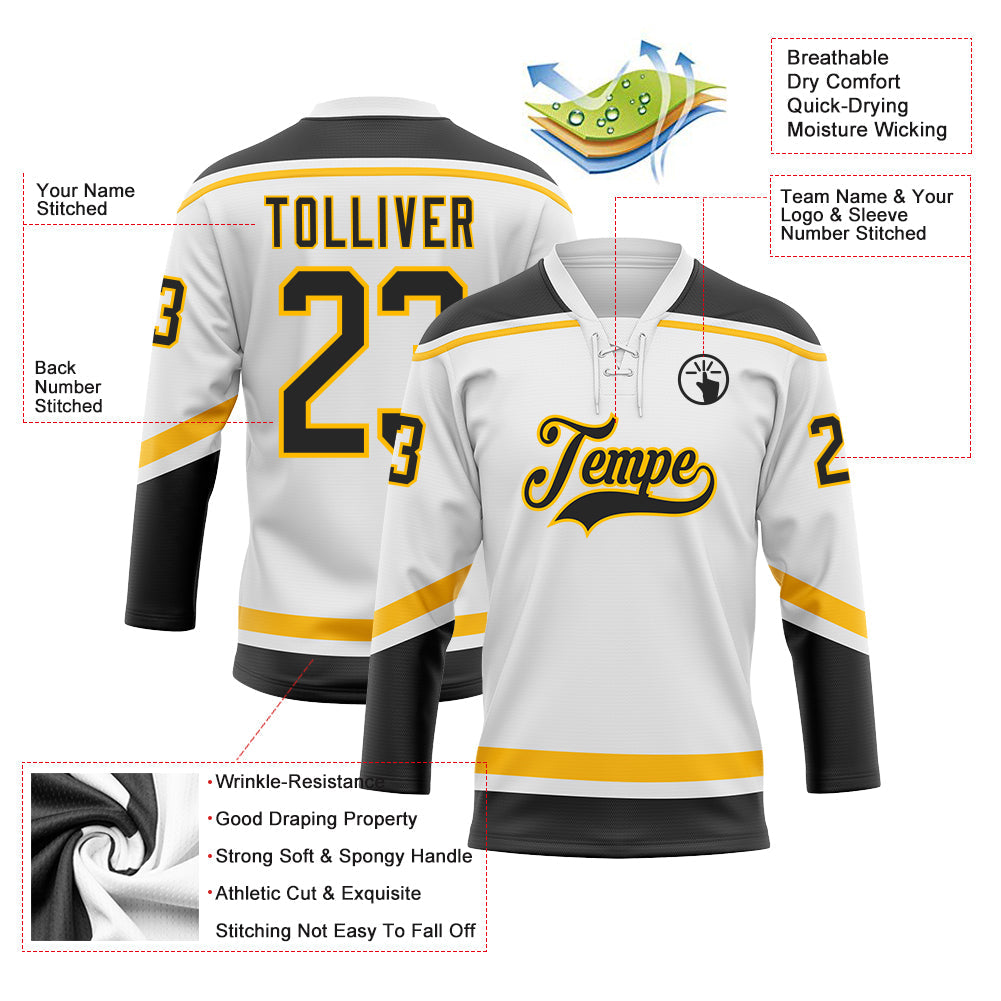 Custom White Black-Gold Hockey Lace Neck Jersey view 3
