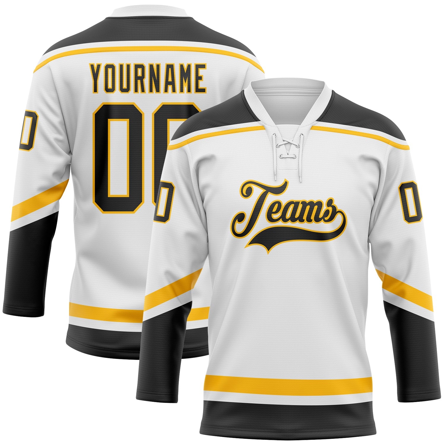 Custom White Black-Gold Hockey Lace Neck Jersey - Main View