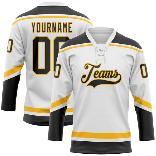 Custom White Black-Gold Hockey Lace Neck Jersey - Main View