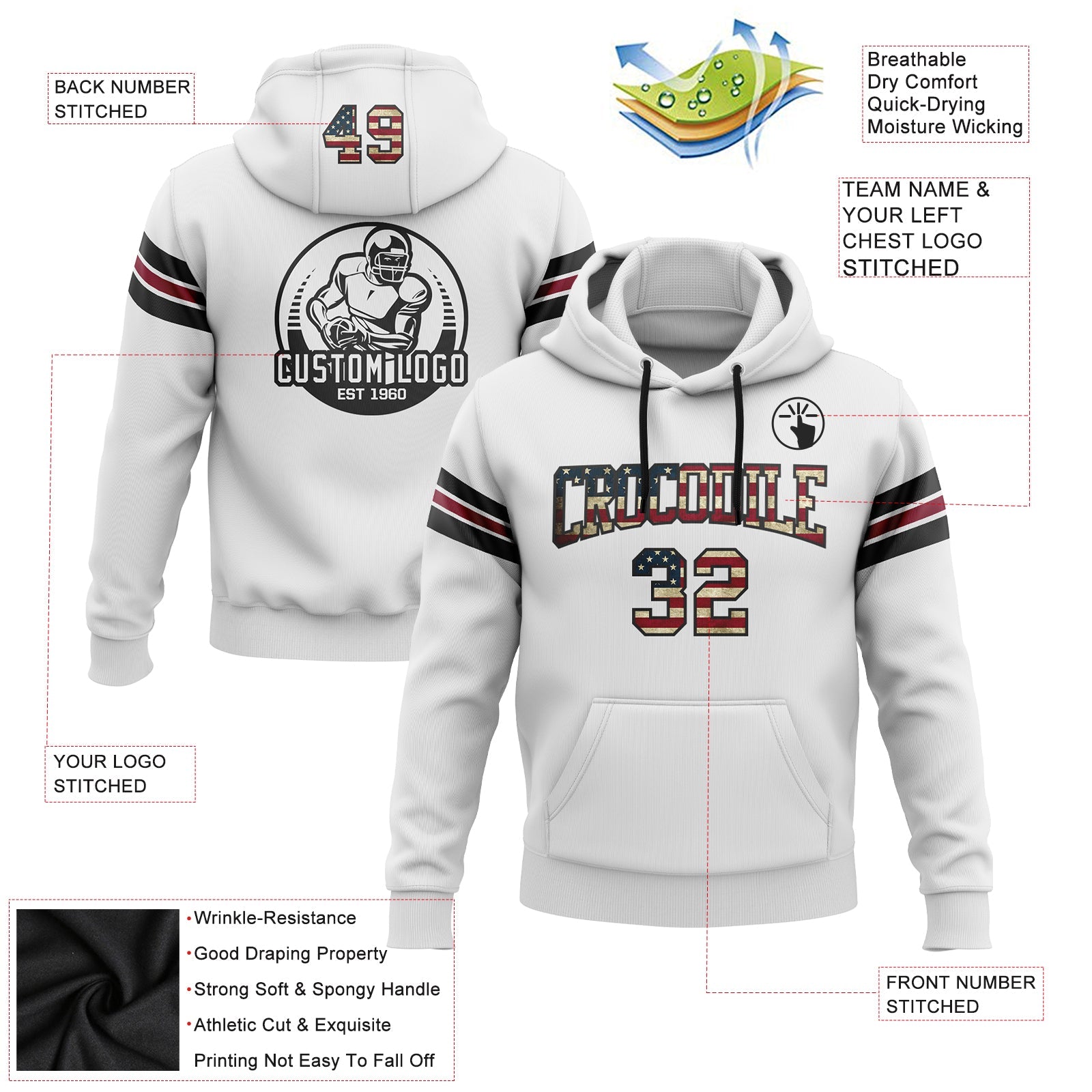 Custom Stitched White Vintage USA Flag Black-Crimson Football Pullover Sweatshirt Hoodie view 2