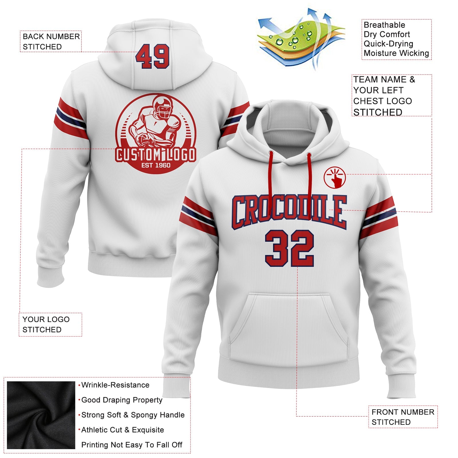 Custom Stitched White Red-Navy Football Pullover Sweatshirt Hoodie view 2