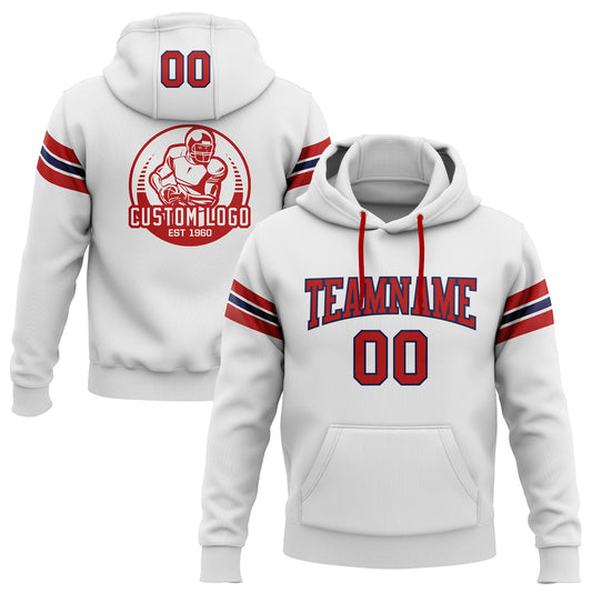 Custom Stitched White Red-Navy Football Pullover Sweatshirt Hoodie - Main View