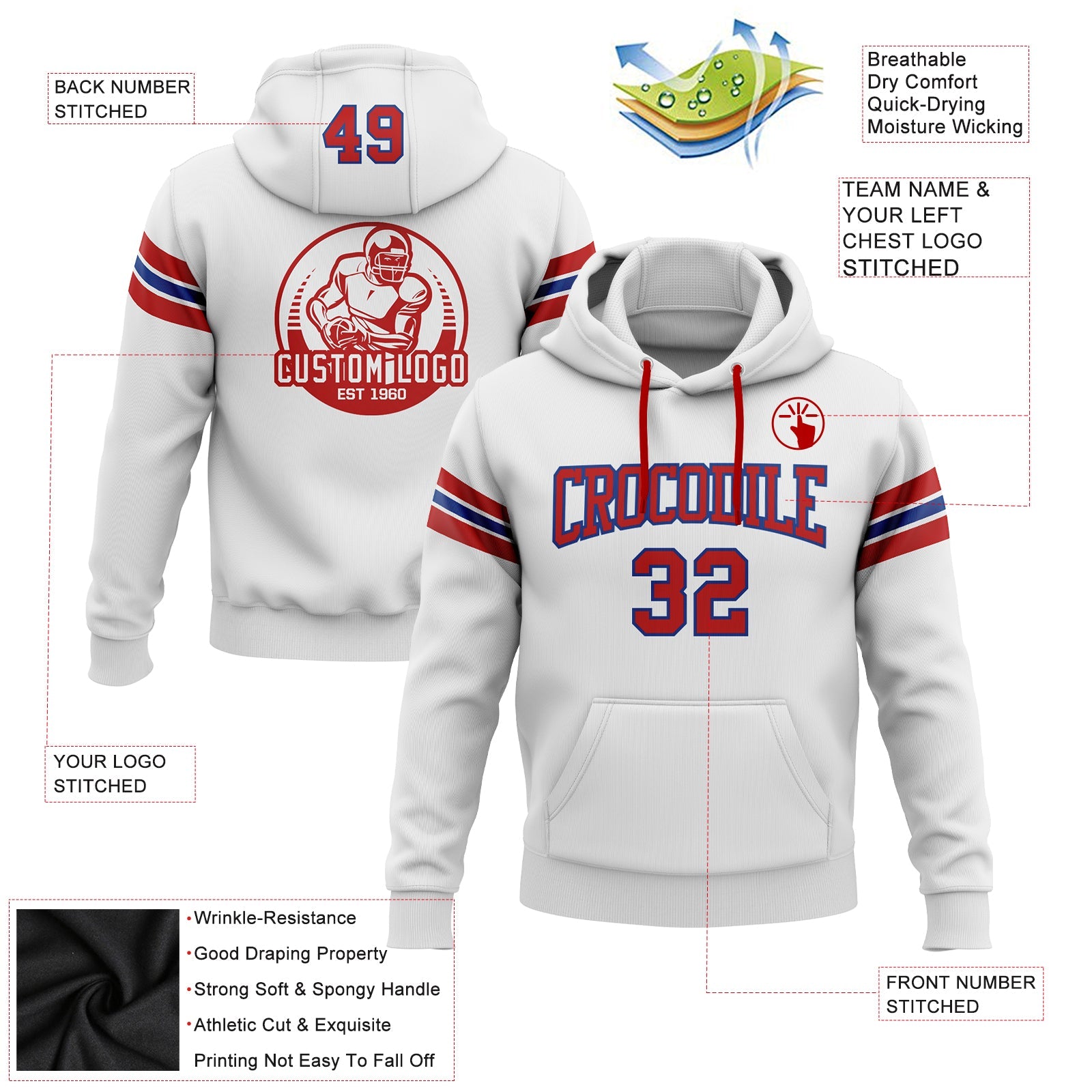 Custom Stitched White Red-Royal Football Pullover Sweatshirt Hoodie view 2