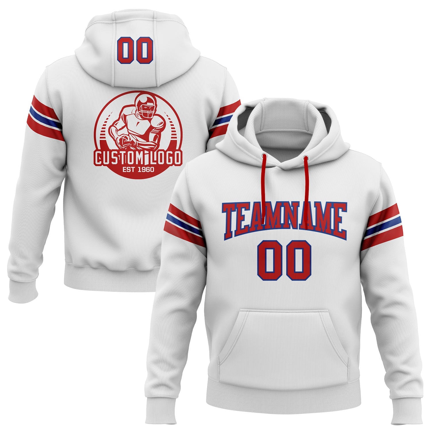 Custom Stitched White Red-Royal Football Pullover Sweatshirt Hoodie - Main View