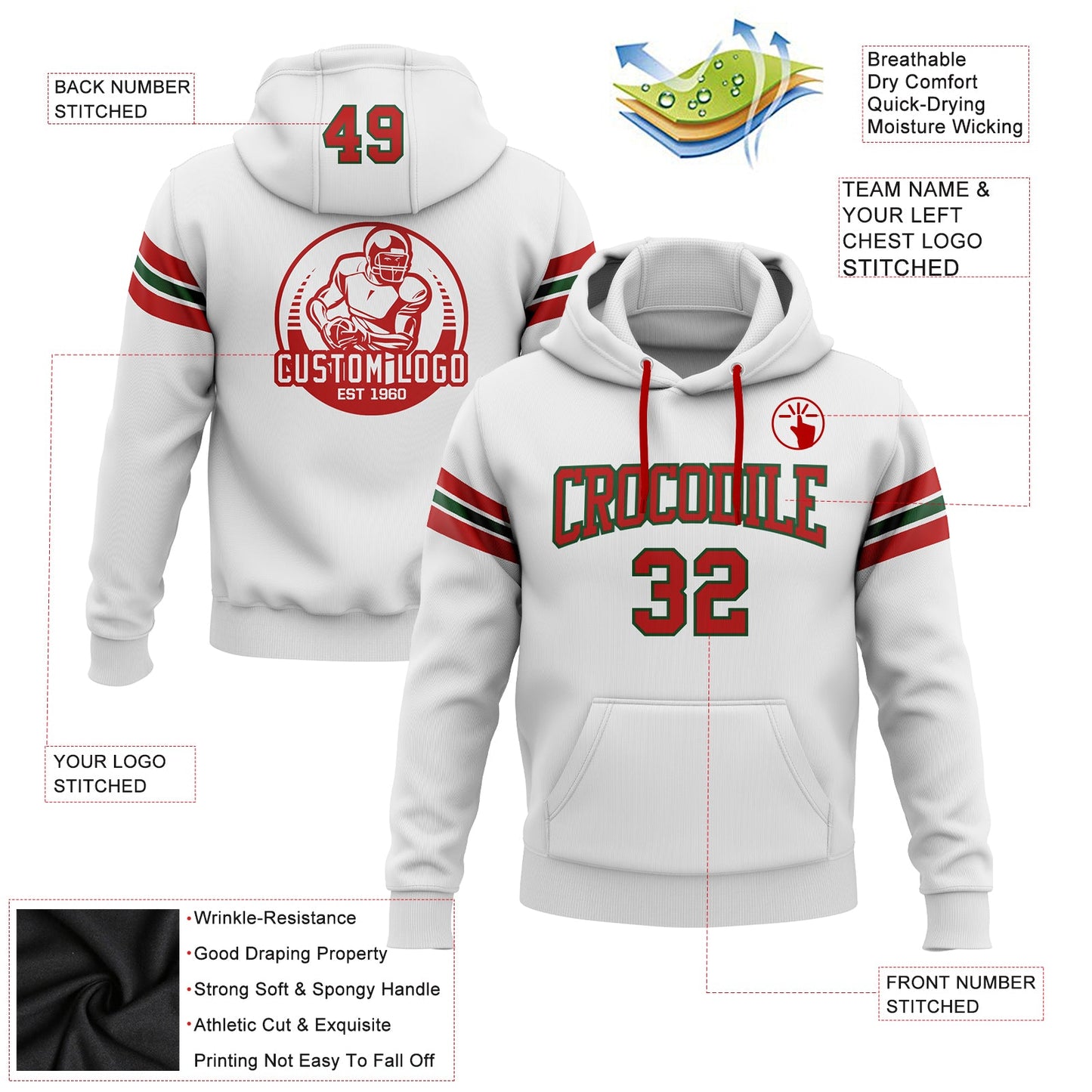 Custom Stitched White Red-Green Football Pullover Sweatshirt Hoodie view 2
