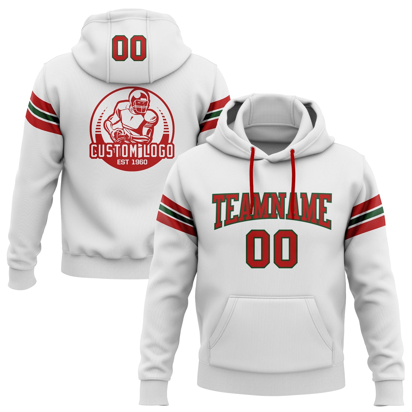 Custom Stitched White Red-Green Football Pullover Sweatshirt Hoodie - Main View