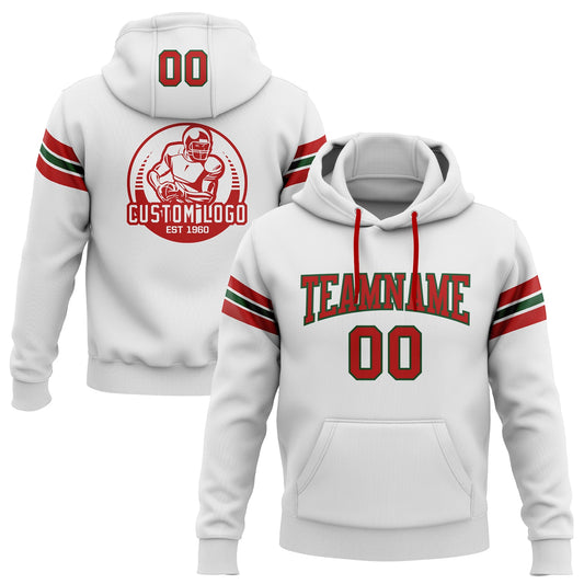 Custom Stitched White Red-Green Football Pullover Sweatshirt Hoodie - Main View