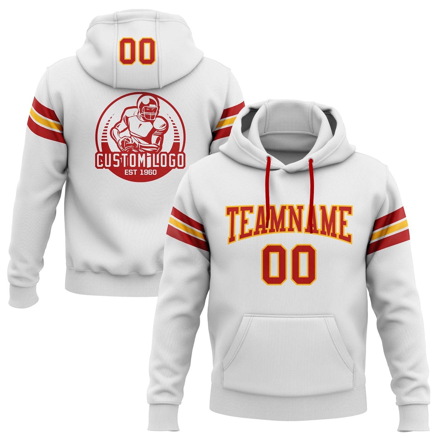 Custom Stitched White Red-Gold Football Pullover Sweatshirt Hoodie - Main View